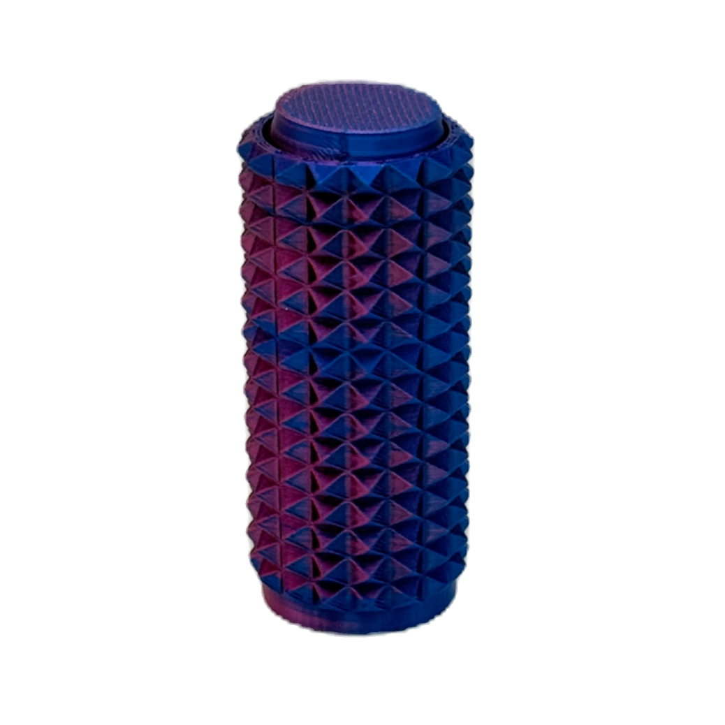 Blue and purple textured foam roller on a white background