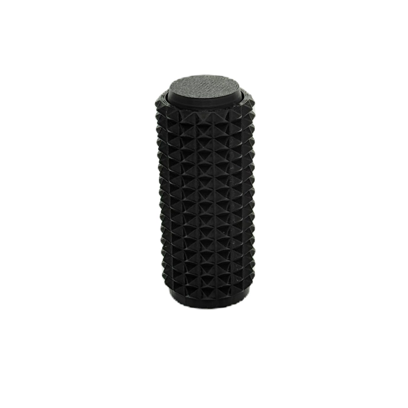 Black textured cylindrical object on a white background