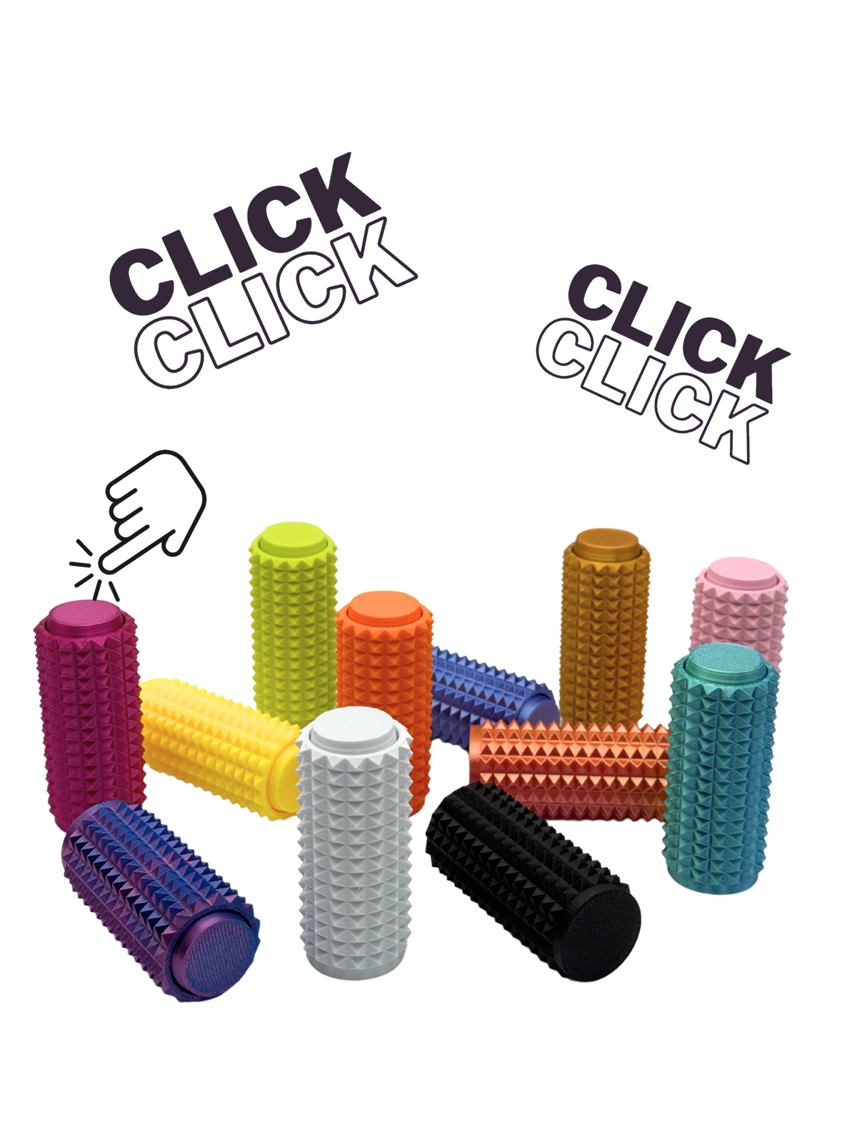 Colorful foam rollers with 'Click Click' text and hand illustration on a white background
