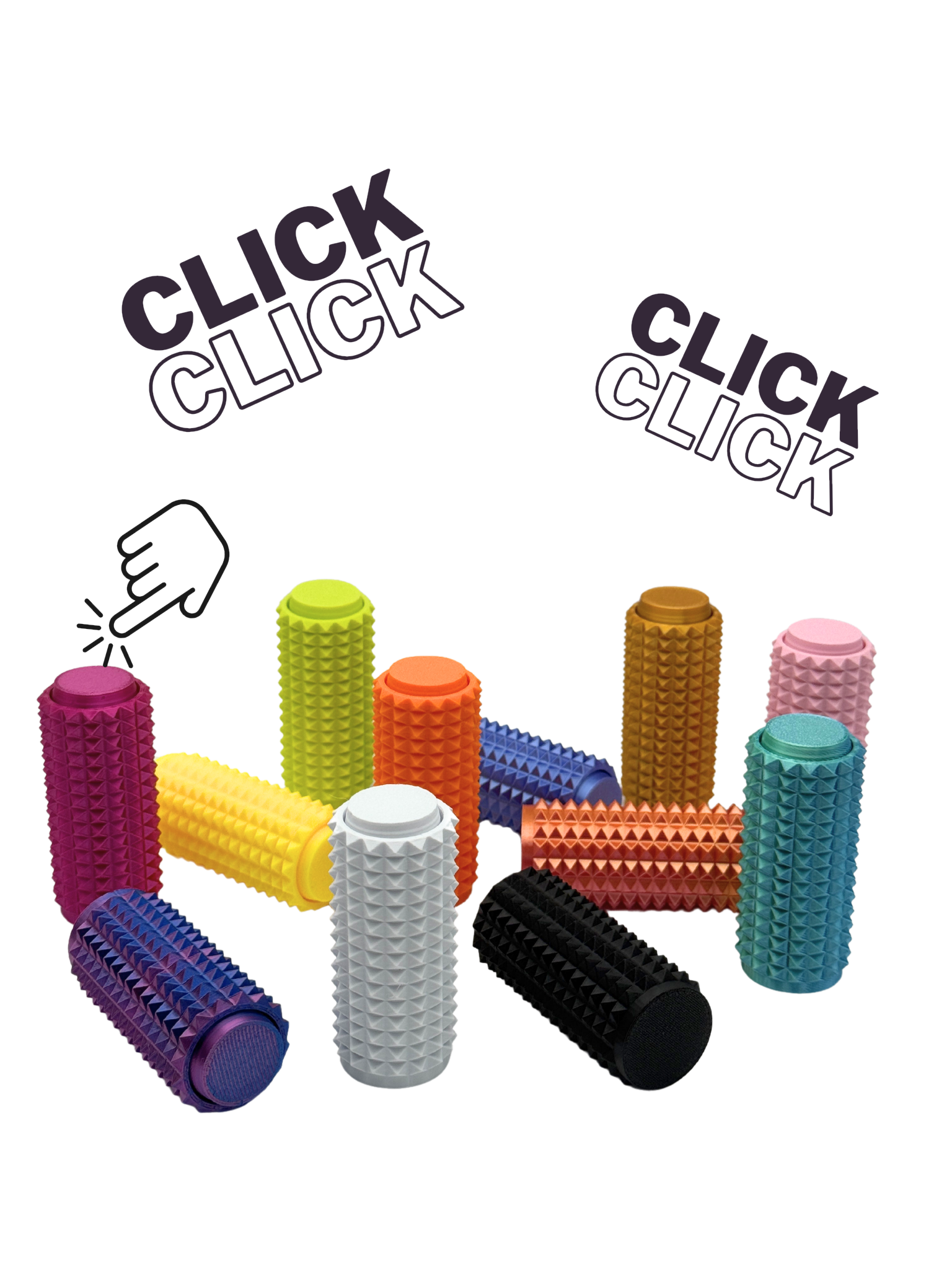 Colorful foam rollers with 'Click Click' text and hand illustration on a white background
