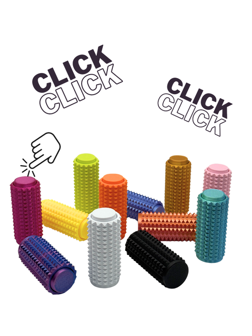 Colorful foam rollers with 'Click Click' text and hand illustration on a white background